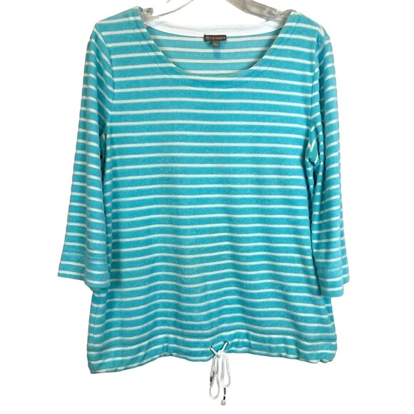T by Talbots Terry Top Women's Size LP Turquoise Stripe Drawstring 3/4 Sleeve - Picture 1 of 7